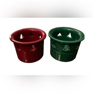 Vtg Italian Terra Cotta Christmas Votive Holders: 2/ Green & Red W/ Tree Cut Out
